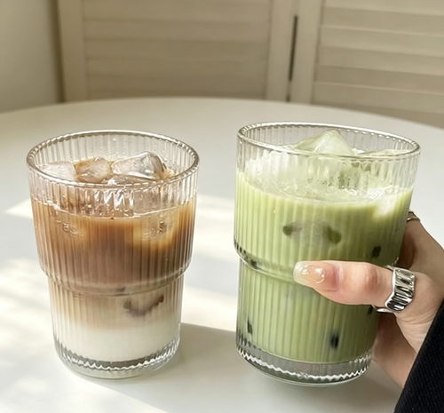 Ins-Style Embossed Striped Drinking Glass, Thickened Iced Latte & Juice Cup for Home & Cafe