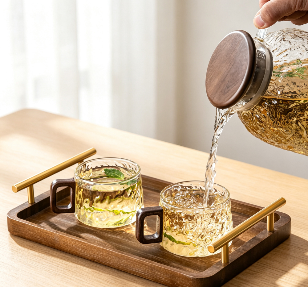 Minimal Oriental Borosilicate Glass Tumbler Kit with Drying Rack & Serving Tray for Home & Guest Use